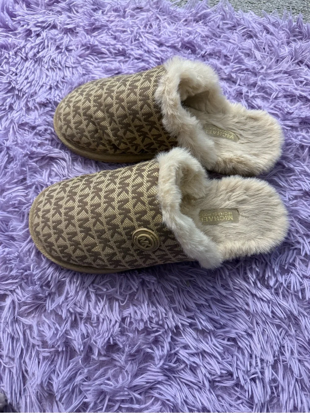 Michael Kors Kids Tan/Brown MK Logo Faux-Fur Slip-On Slippers
